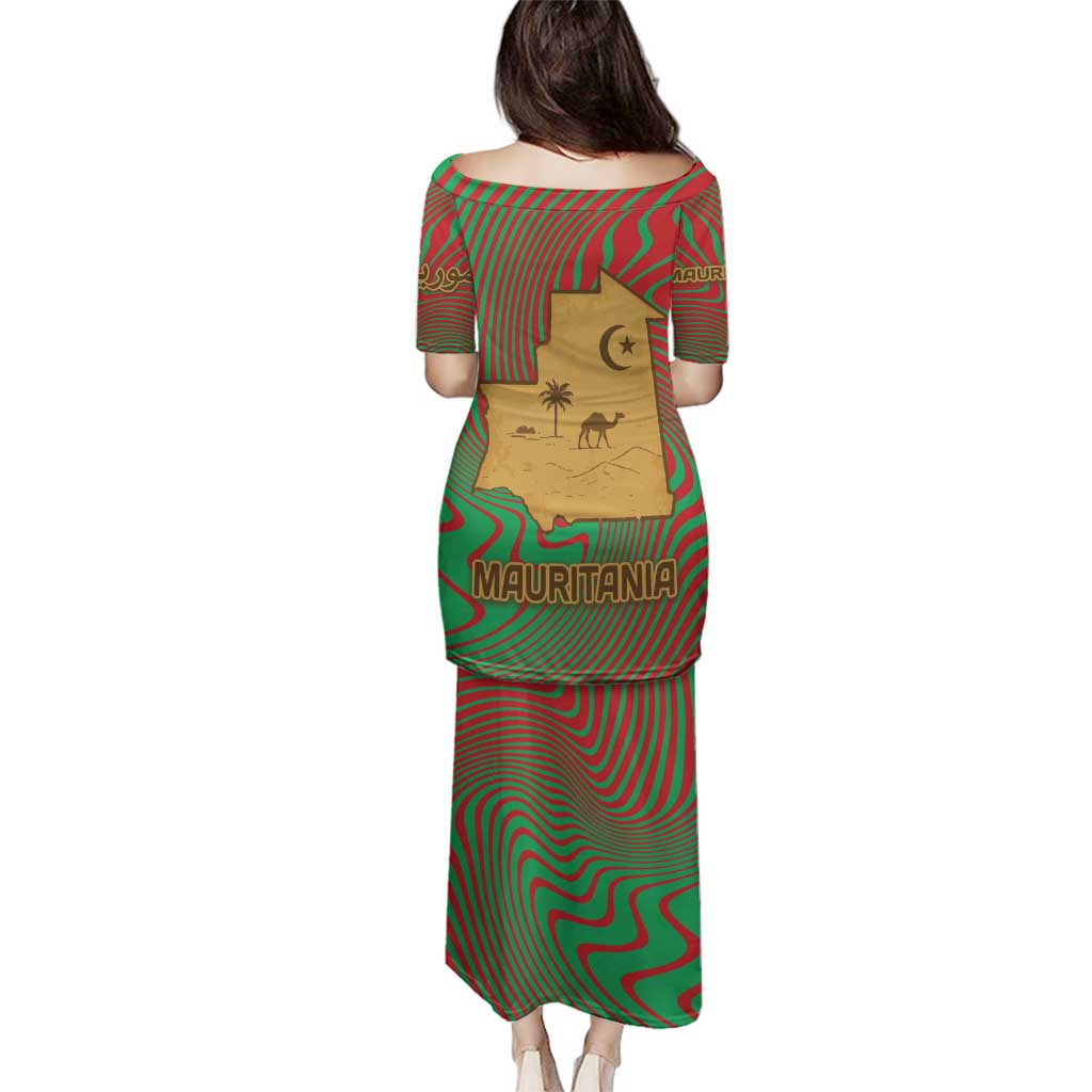 Mauritania Family Matching Puletasi and Hawaiian Shirt with Desert Camel Crescent Moon and Palm Tree Graphic in Red Green Gold Pattern