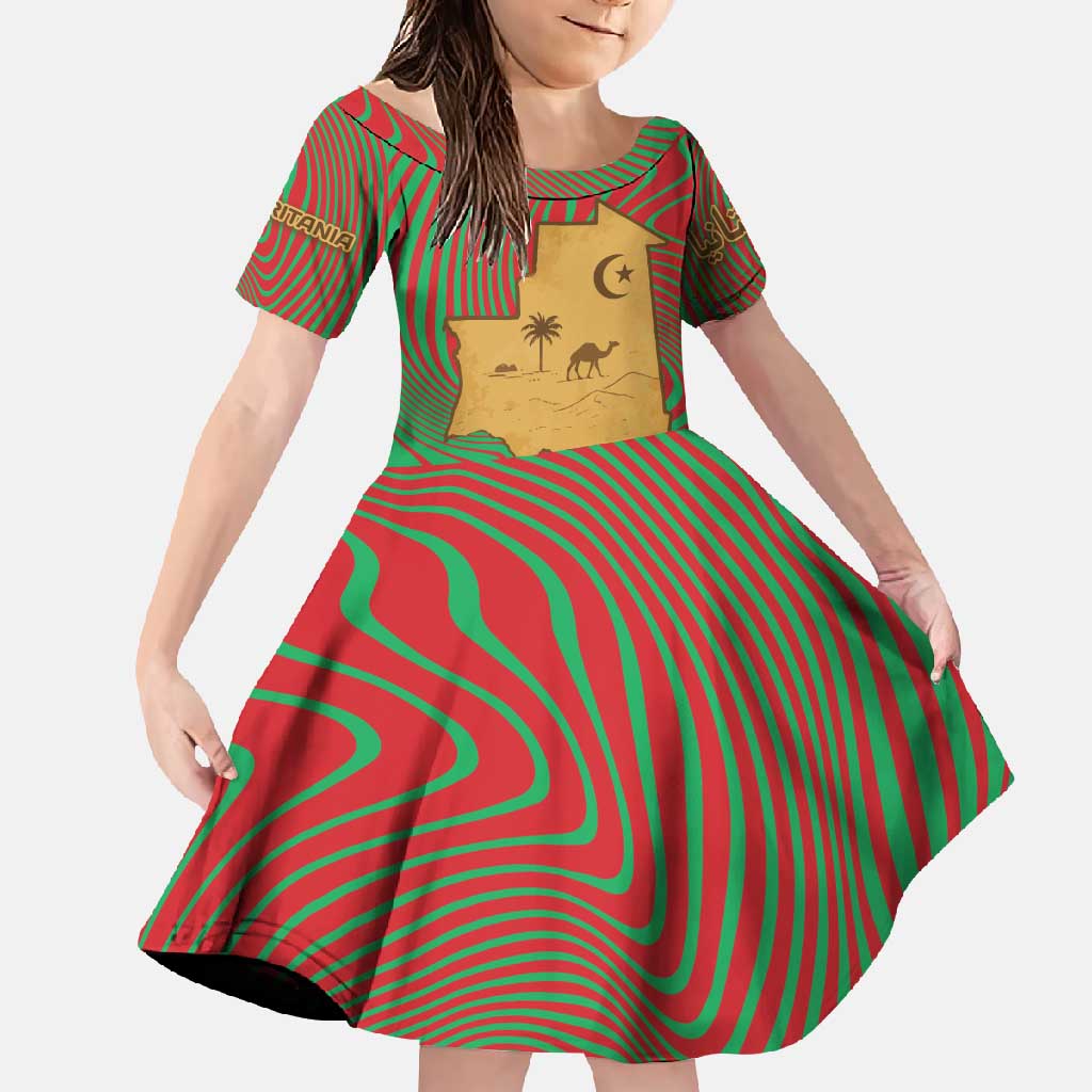 Mauritania Family Matching Short Sleeve Bodycon Dress and Hawaiian Shirt with Desert Camel Crescent Moon and Palm Tree Graphic in Red Green Gold Pattern