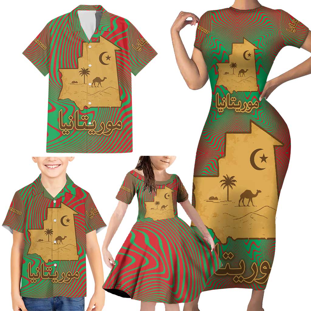 Mauritania Family Matching Short Sleeve Bodycon Dress and Hawaiian Shirt with Desert Camel Crescent Moon and Palm Tree Graphic in Red Green Gold Pattern