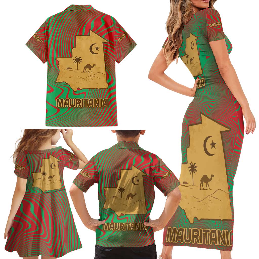Mauritania Family Matching Short Sleeve Bodycon Dress and Hawaiian Shirt with Desert Camel Crescent Moon and Palm Tree Graphic in Red Green Gold Pattern