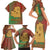 Mauritania Family Matching Short Sleeve Bodycon Dress and Hawaiian Shirt with Desert Camel Crescent Moon and Palm Tree Graphic in Red Green Gold Pattern