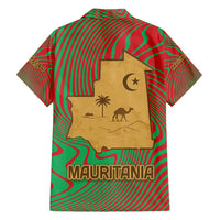 Mauritania Family Matching Short Sleeve Bodycon Dress and Hawaiian Shirt with Desert Camel Crescent Moon and Palm Tree Graphic in Red Green Gold Pattern