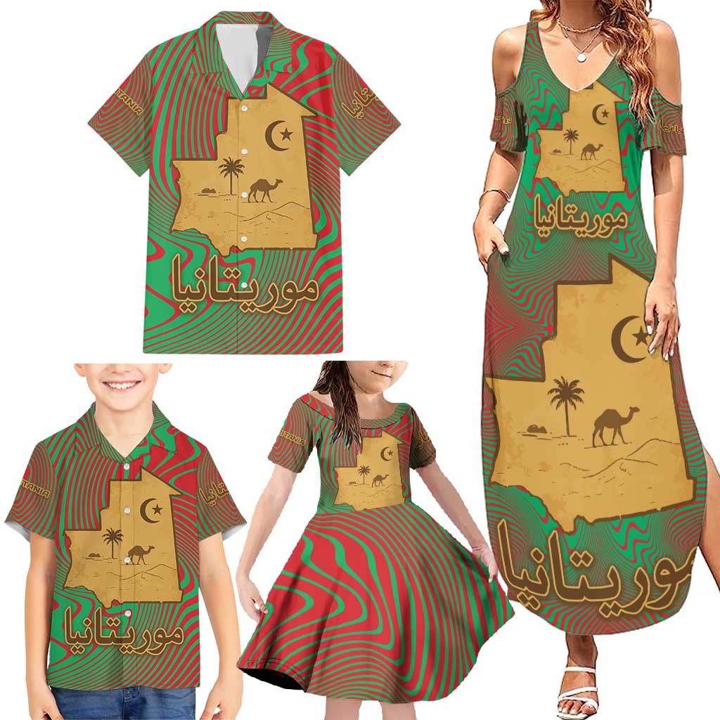 Mauritania Family Matching Summer Maxi Dress and Hawaiian Shirt with Desert Camel Crescent Moon and Palm Tree Graphic in Red Green Gold Pattern