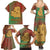 Mauritania Family Matching Summer Maxi Dress and Hawaiian Shirt with Desert Camel Crescent Moon and Palm Tree Graphic in Red Green Gold Pattern