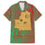 Mauritania Family Matching Summer Maxi Dress and Hawaiian Shirt with Desert Camel Crescent Moon and Palm Tree Graphic in Red Green Gold Pattern