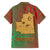 Mauritania Family Matching Summer Maxi Dress and Hawaiian Shirt with Desert Camel Crescent Moon and Palm Tree Graphic in Red Green Gold Pattern
