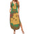 Mauritania Family Matching Summer Maxi Dress and Hawaiian Shirt with Desert Camel Crescent Moon and Palm Tree Graphic in Red Green Gold Pattern