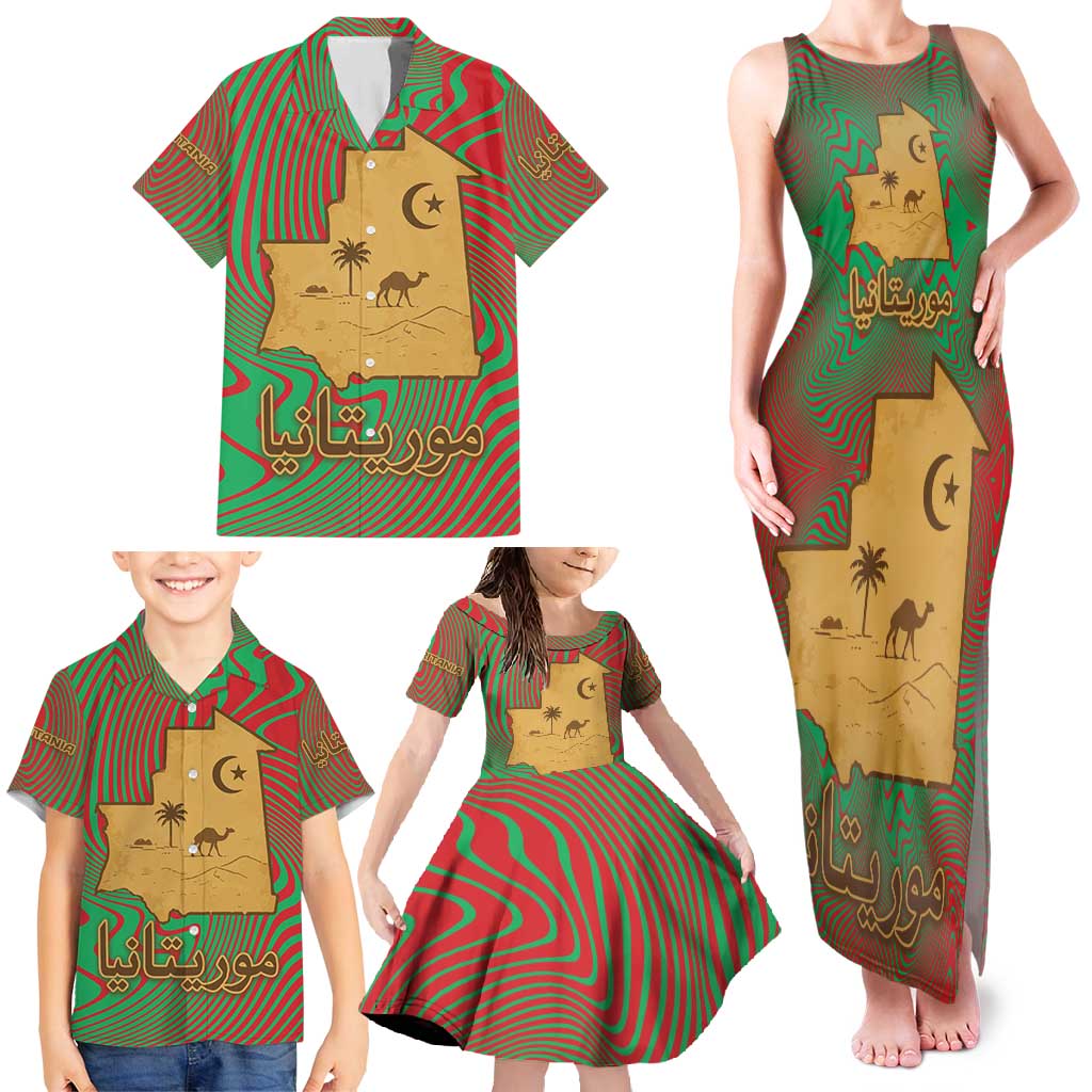 Mauritania Family Matching Tank Maxi Dress and Hawaiian Shirt with Desert Camel Crescent Moon and Palm Tree Graphic in Red Green Gold Pattern