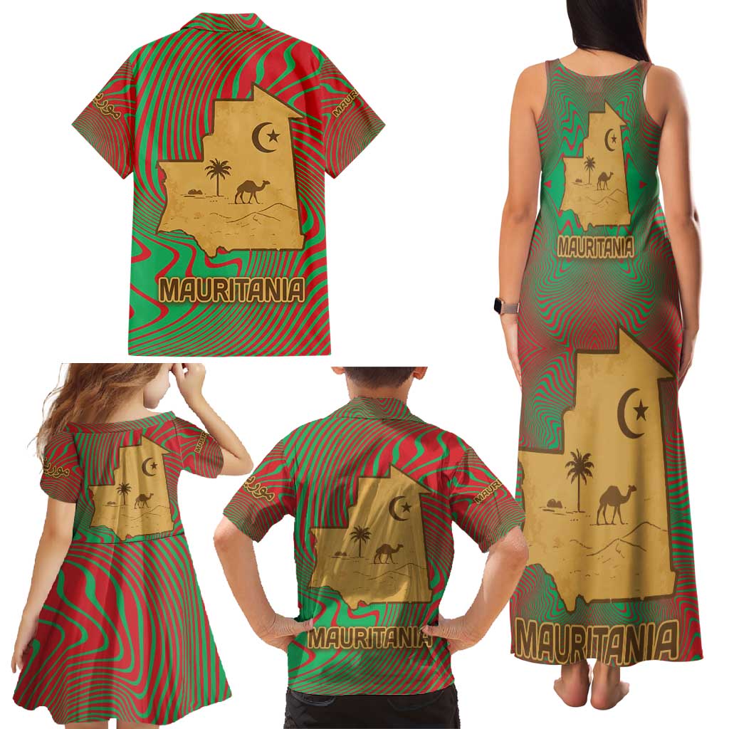 Mauritania Family Matching Tank Maxi Dress and Hawaiian Shirt with Desert Camel Crescent Moon and Palm Tree Graphic in Red Green Gold Pattern