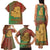 Mauritania Family Matching Tank Maxi Dress and Hawaiian Shirt with Desert Camel Crescent Moon and Palm Tree Graphic in Red Green Gold Pattern