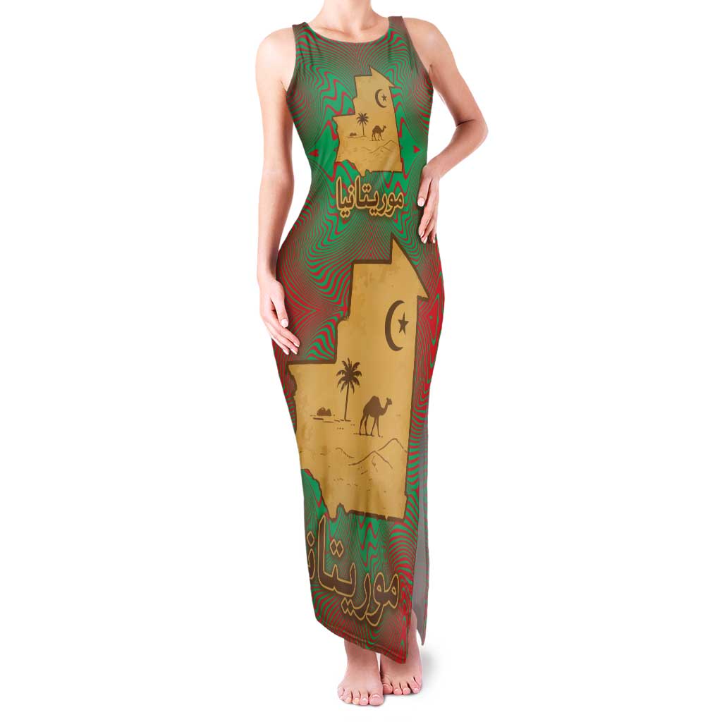 Mauritania Family Matching Tank Maxi Dress and Hawaiian Shirt with Desert Camel Crescent Moon and Palm Tree Graphic in Red Green Gold Pattern