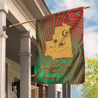 Mauritania Garden Flag with Desert Camel Crescent Moon and Palm Tree Graphic in Red Green Gold Pattern