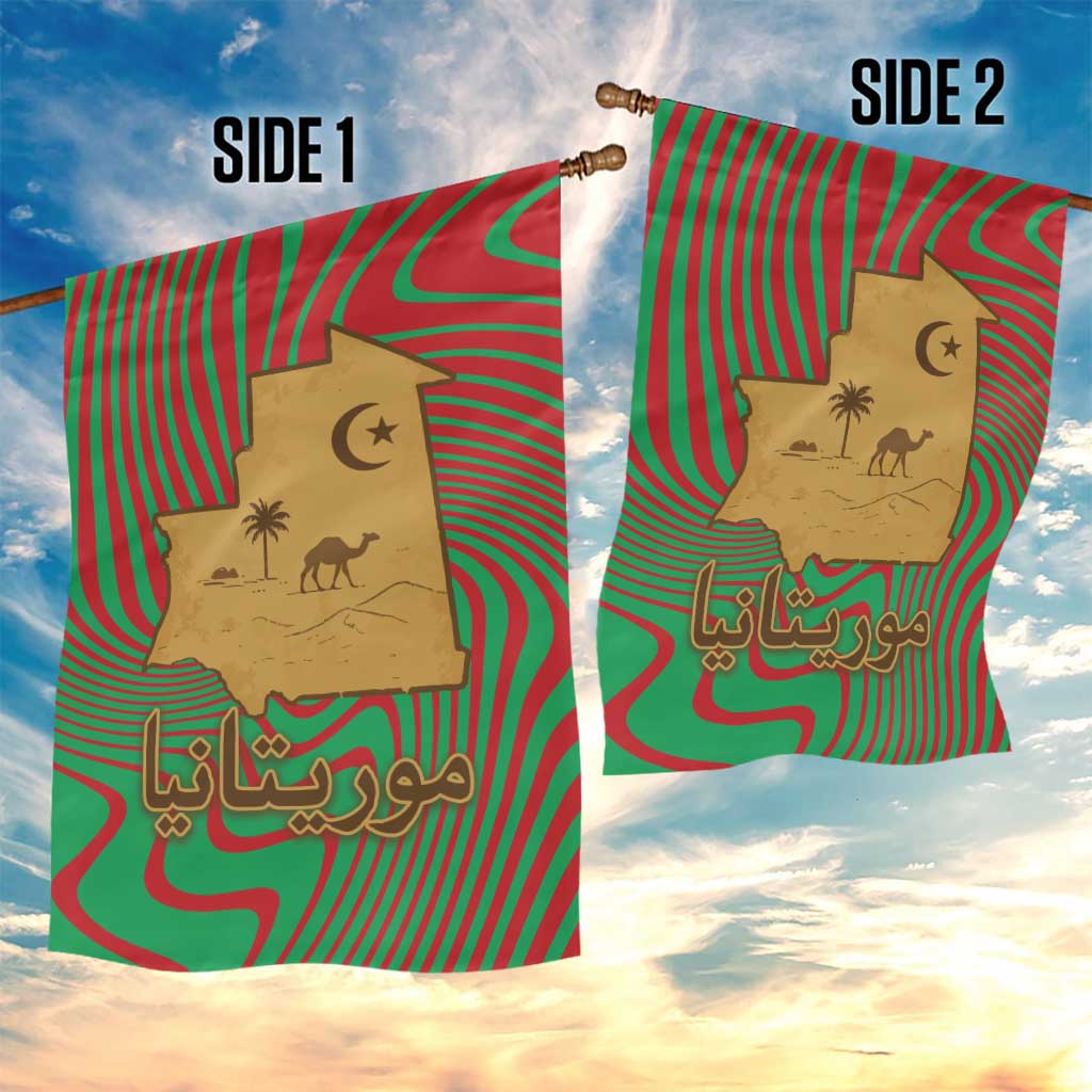 Mauritania Garden Flag with Desert Camel Crescent Moon and Palm Tree Graphic in Red Green Gold Pattern