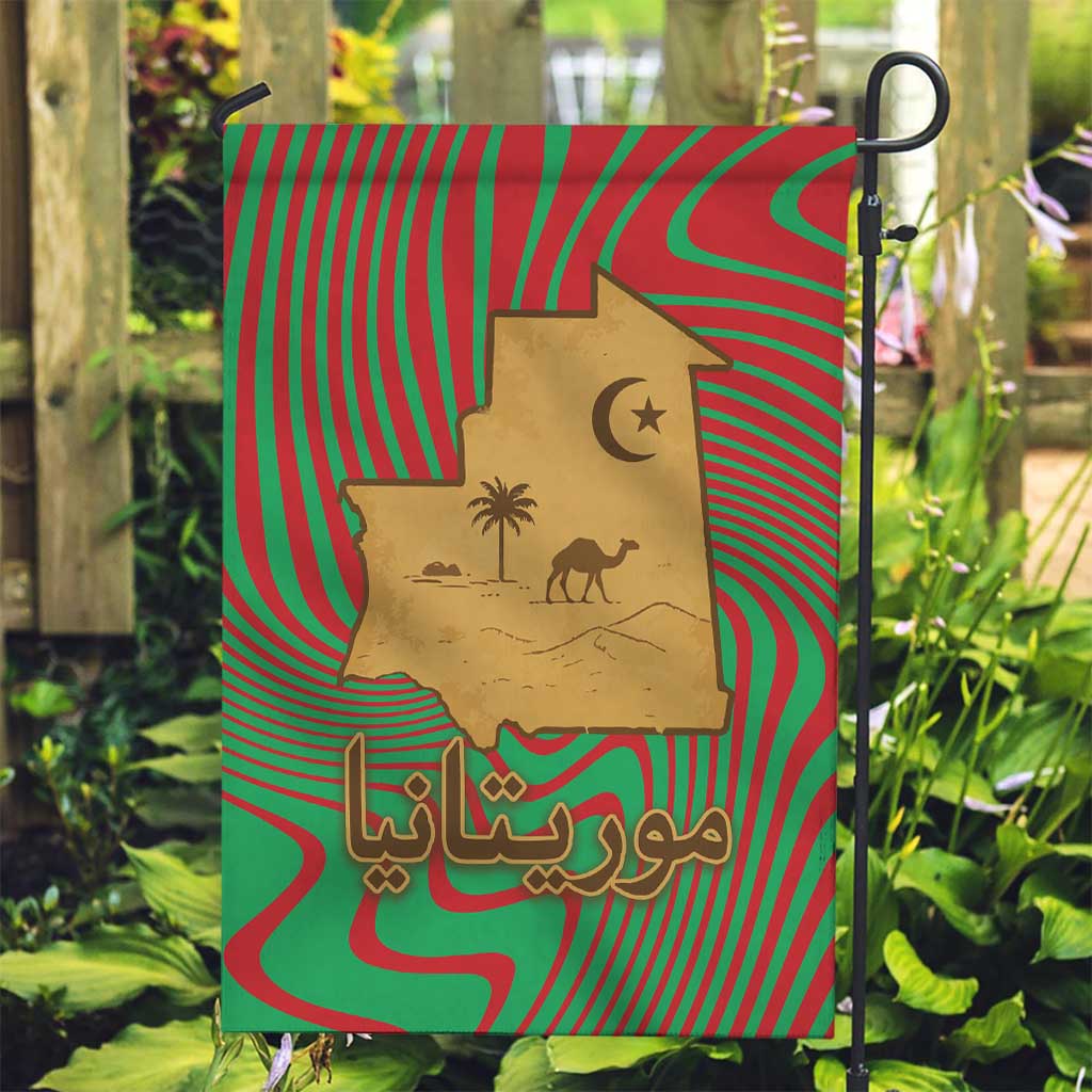 Mauritania Garden Flag with Desert Camel Crescent Moon and Palm Tree Graphic in Red Green Gold Pattern