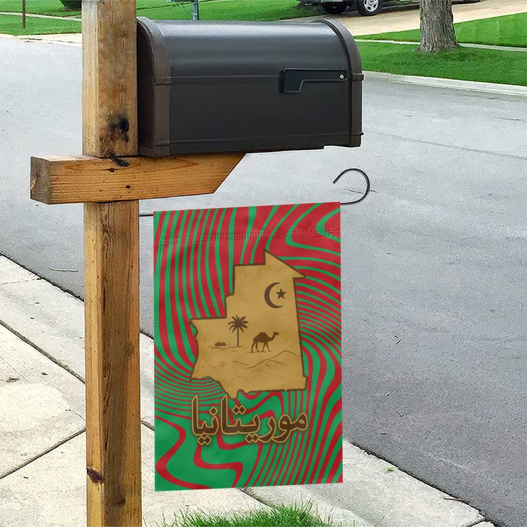 Mauritania Garden Flag with Desert Camel Crescent Moon and Palm Tree Graphic in Red Green Gold Pattern