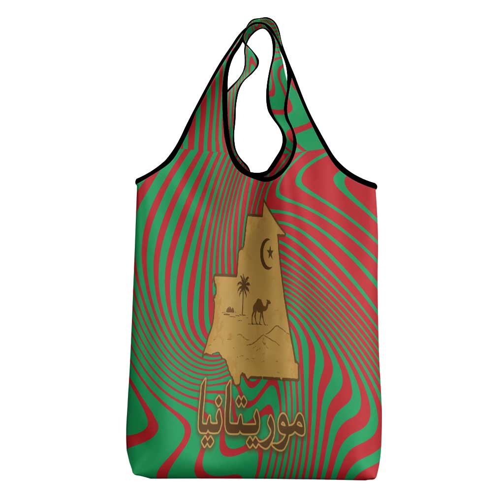 Mauritania Grocery Bag with Desert Camel Crescent Moon and Palm Tree Graphic in Red Green Gold Pattern
