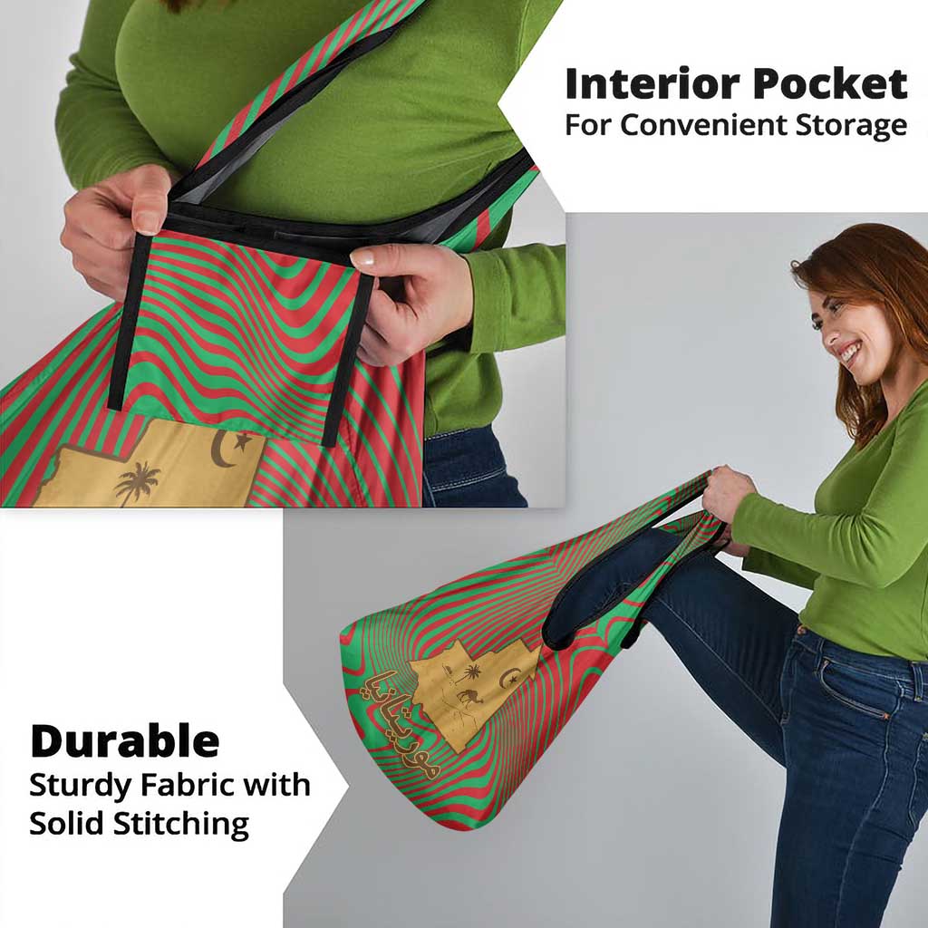 Mauritania Grocery Bag with Desert Camel Crescent Moon and Palm Tree Graphic in Red Green Gold Pattern