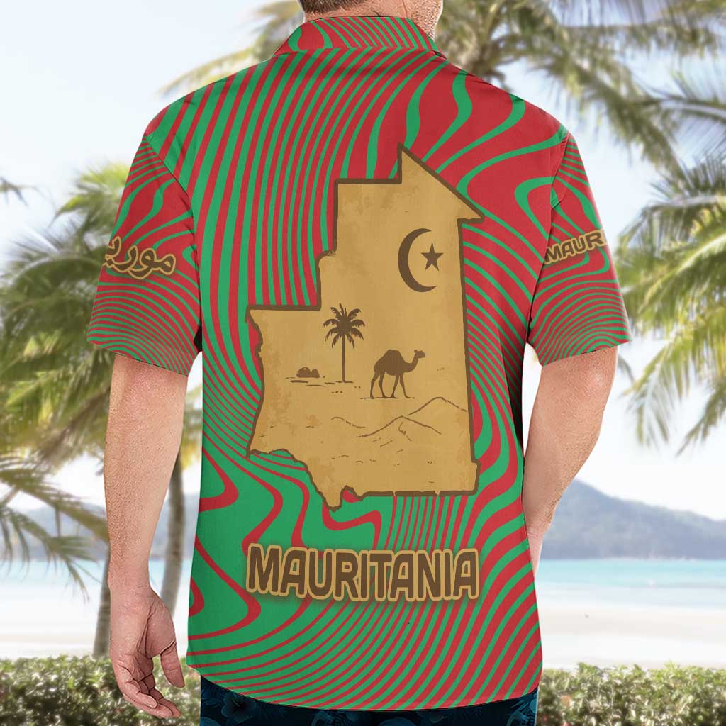 Mauritania Hawaiian Shirt with Desert Camel Crescent Moon and Palm Tree Graphic in Red Green Gold Pattern