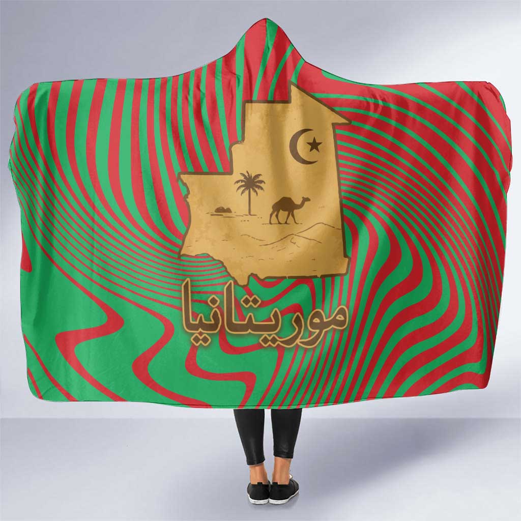 Mauritania Hooded Blanket with Desert Camel Crescent Moon and Palm Tree Graphic in Red Green Gold Pattern