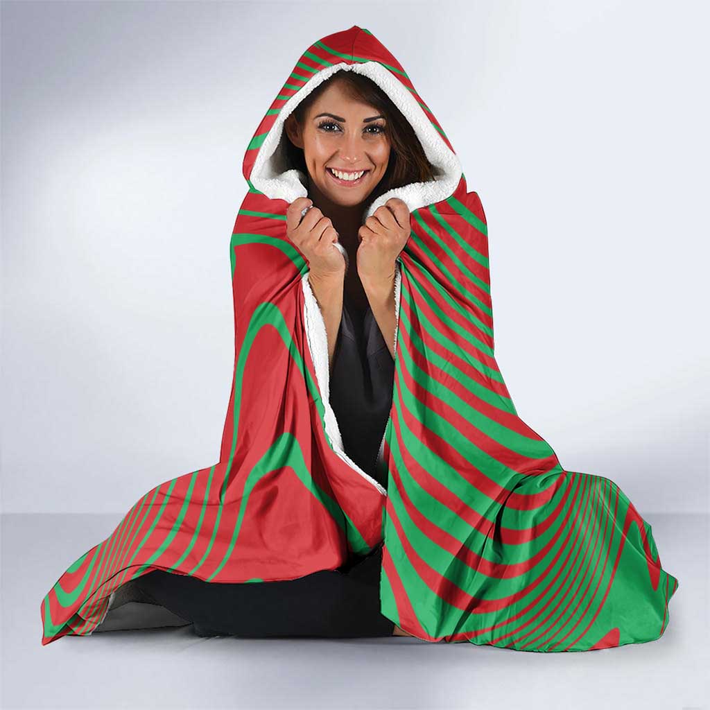 Mauritania Hooded Blanket with Desert Camel Crescent Moon and Palm Tree Graphic in Red Green Gold Pattern