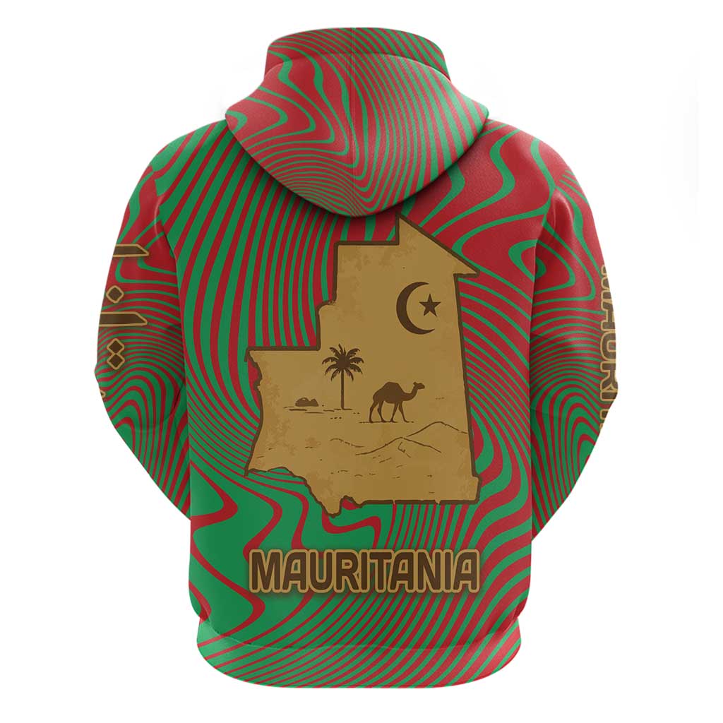 Mauritania Hoodie with Desert Camel Crescent Moon and Palm Tree Graphic in Red Green Gold Pattern