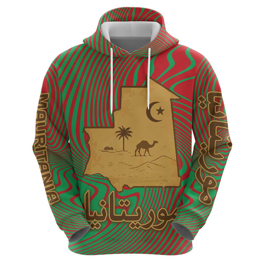 Mauritania Hoodie with Desert Camel Crescent Moon and Palm Tree Graphic in Red Green Gold Pattern