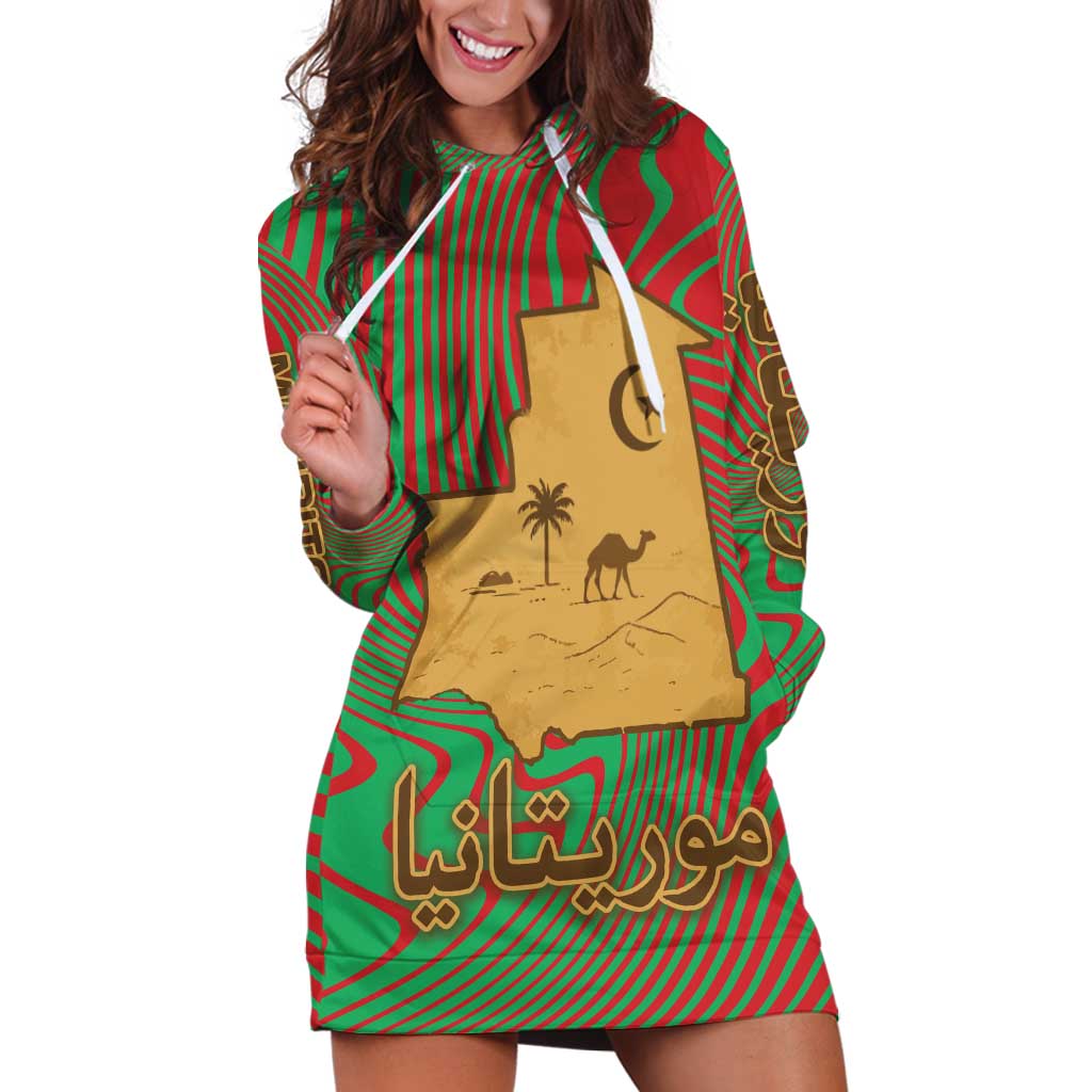 Mauritania Hoodie Dress with Desert Camel Crescent Moon and Palm Tree Graphic in Red Green Gold Pattern