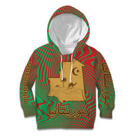 Mauritania Kid Hoodie with Desert Camel Crescent Moon and Palm Tree Graphic in Red Green Gold Pattern