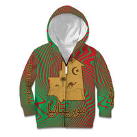 Mauritania Kid Hoodie with Desert Camel Crescent Moon and Palm Tree Graphic in Red Green Gold Pattern