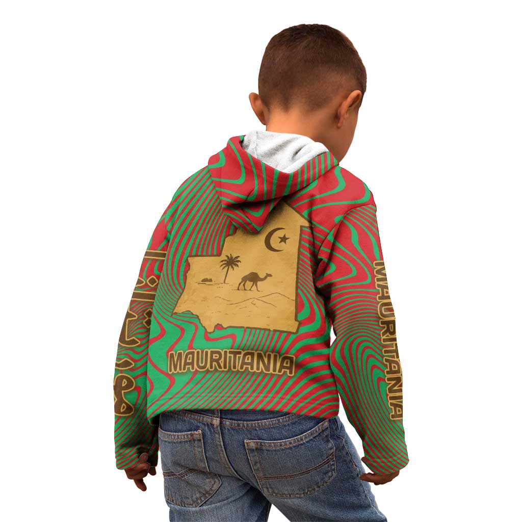 Mauritania Kid Hoodie with Desert Camel Crescent Moon and Palm Tree Graphic in Red Green Gold Pattern