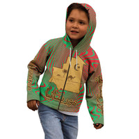 Mauritania Kid Hoodie with Desert Camel Crescent Moon and Palm Tree Graphic in Red Green Gold Pattern