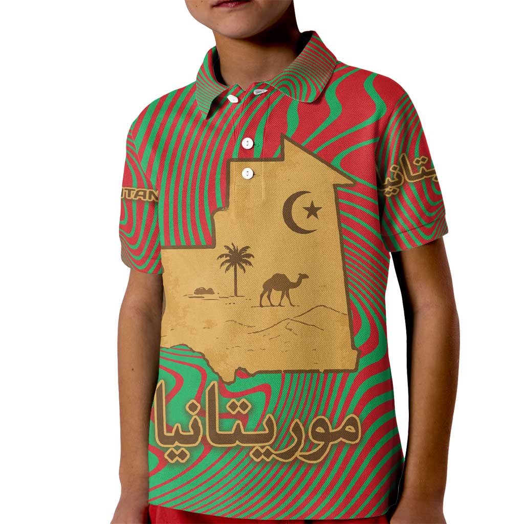 Mauritania Kid Polo Shirt with Desert Camel Crescent Moon and Palm Tree Graphic in Red Green Gold Pattern