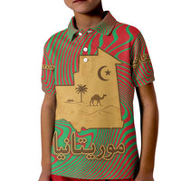 Mauritania Kid Polo Shirt with Desert Camel Crescent Moon and Palm Tree Graphic in Red Green Gold Pattern