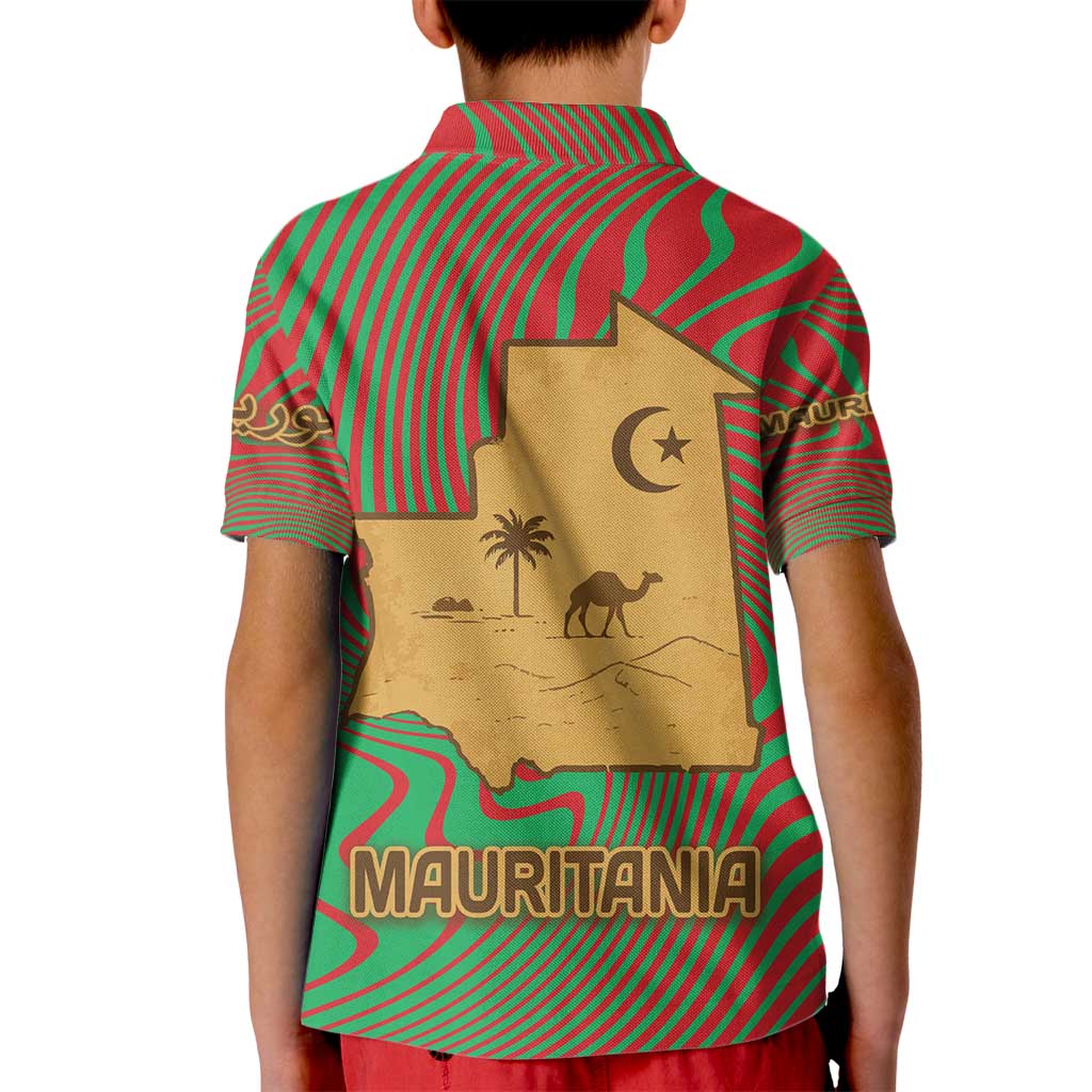 Mauritania Kid Polo Shirt with Desert Camel Crescent Moon and Palm Tree Graphic in Red Green Gold Pattern