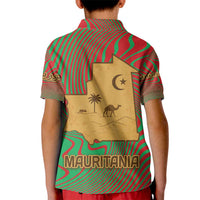 Mauritania Kid Polo Shirt with Desert Camel Crescent Moon and Palm Tree Graphic in Red Green Gold Pattern