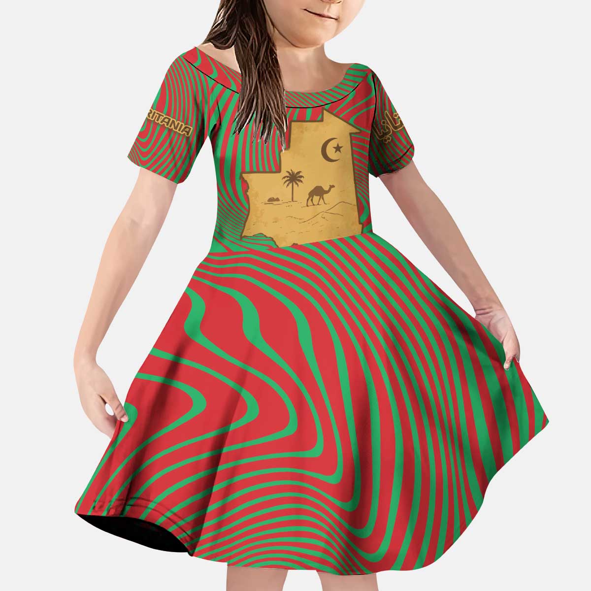 Mauritania Kid Short Sleeve Dress with Desert Camel Crescent Moon and Palm Tree Graphic in Red Green Gold Pattern