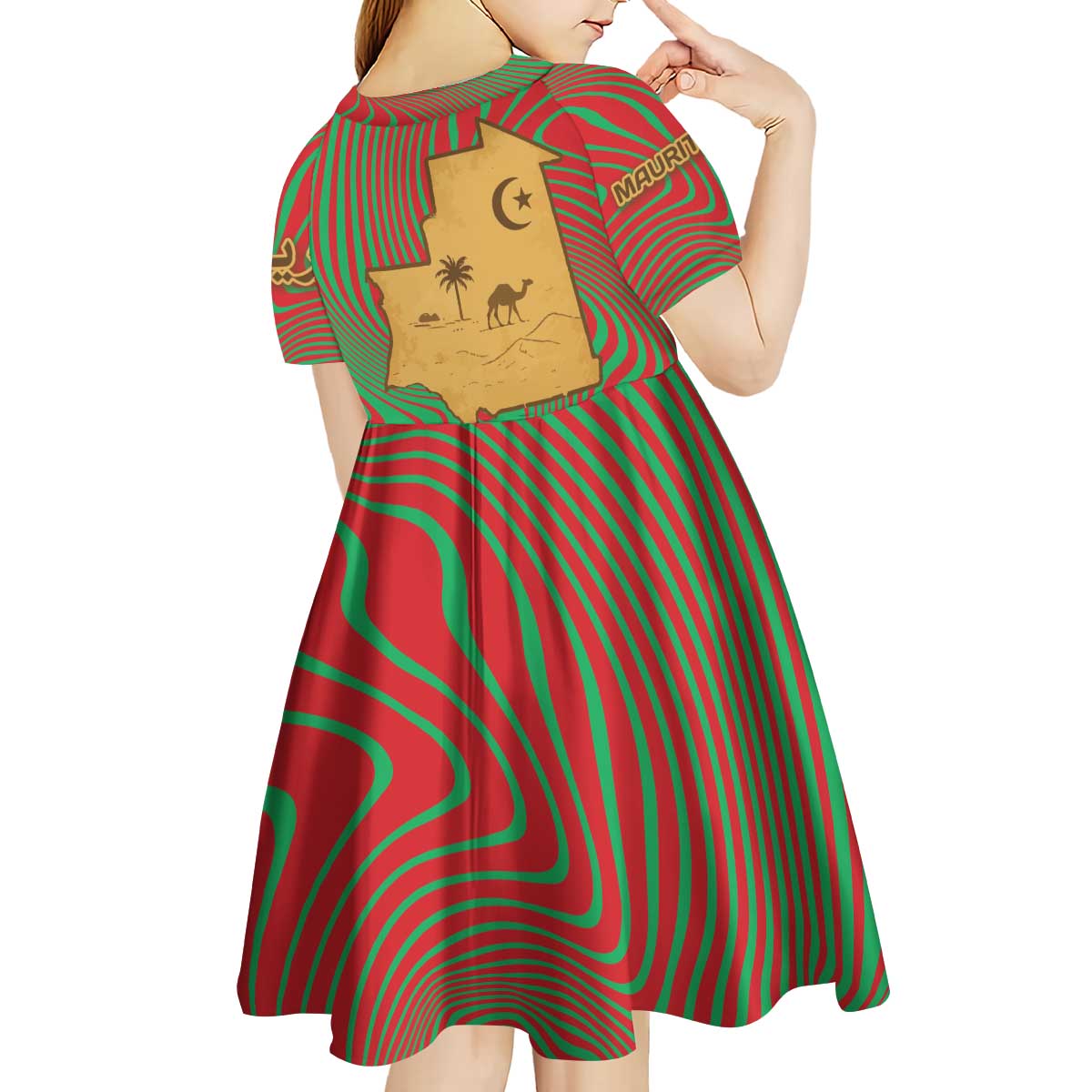 Mauritania Kid Short Sleeve Dress with Desert Camel Crescent Moon and Palm Tree Graphic in Red Green Gold Pattern