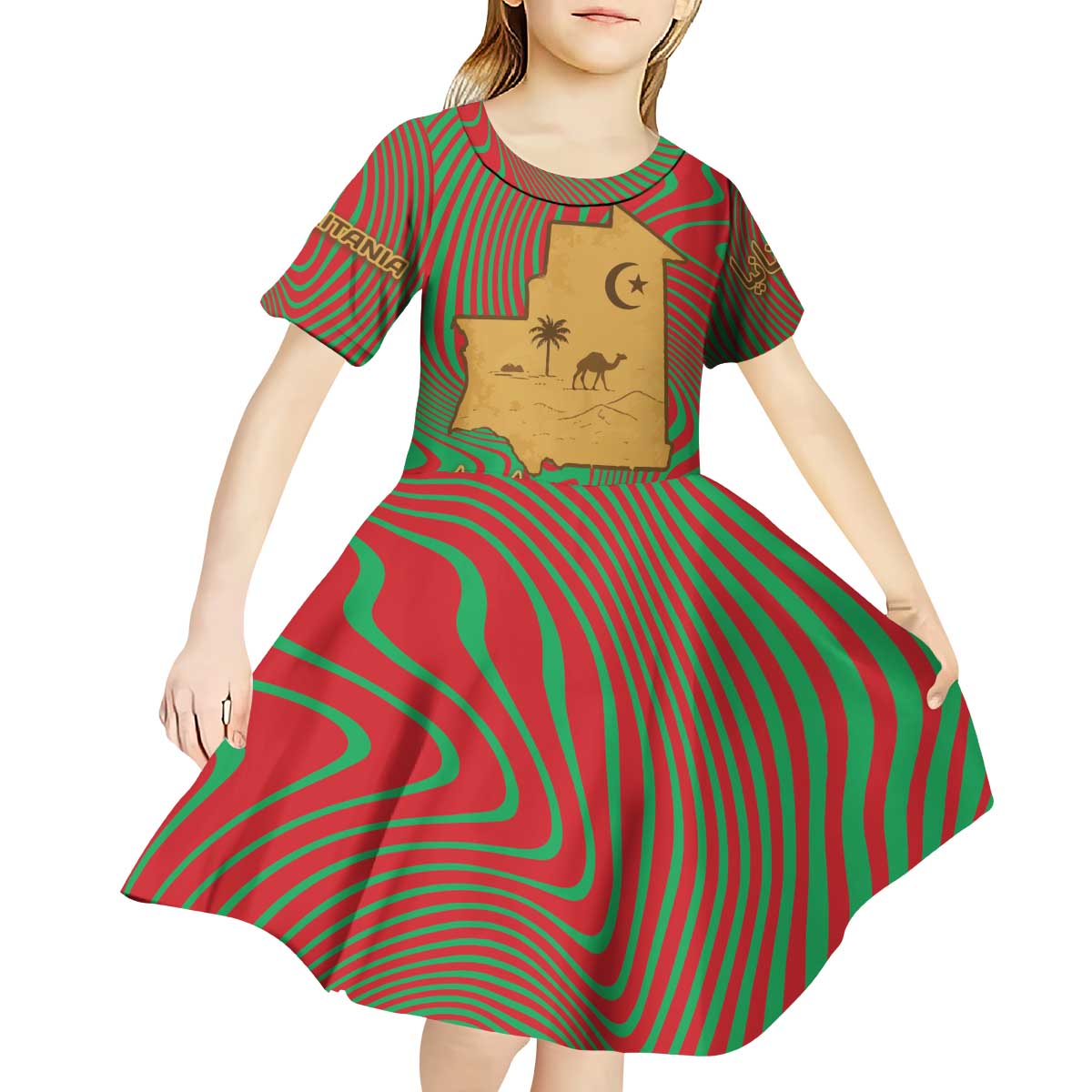 Mauritania Kid Short Sleeve Dress with Desert Camel Crescent Moon and Palm Tree Graphic in Red Green Gold Pattern