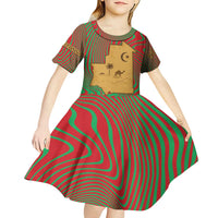 Mauritania Kid Short Sleeve Dress with Desert Camel Crescent Moon and Palm Tree Graphic in Red Green Gold Pattern