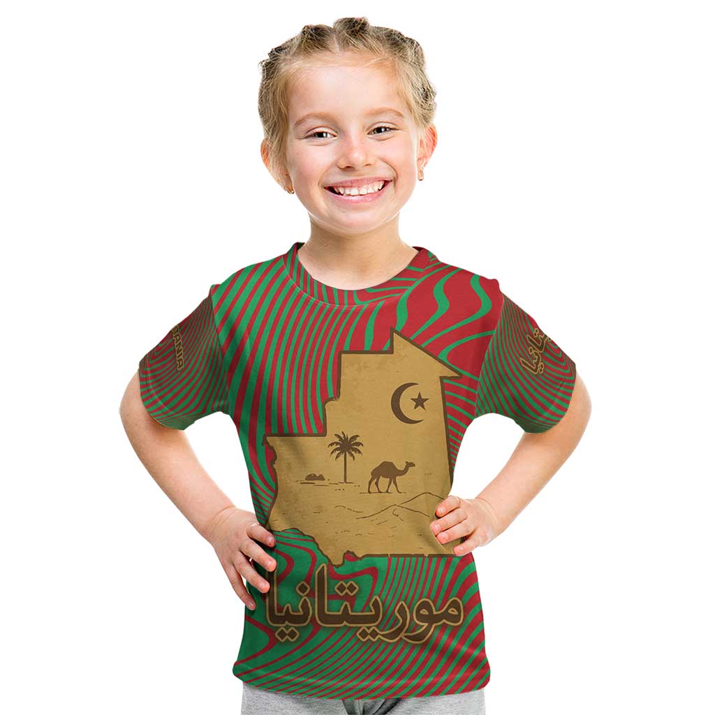 Mauritania Kid T Shirt with Desert Camel Crescent Moon and Palm Tree Graphic in Red Green Gold Pattern