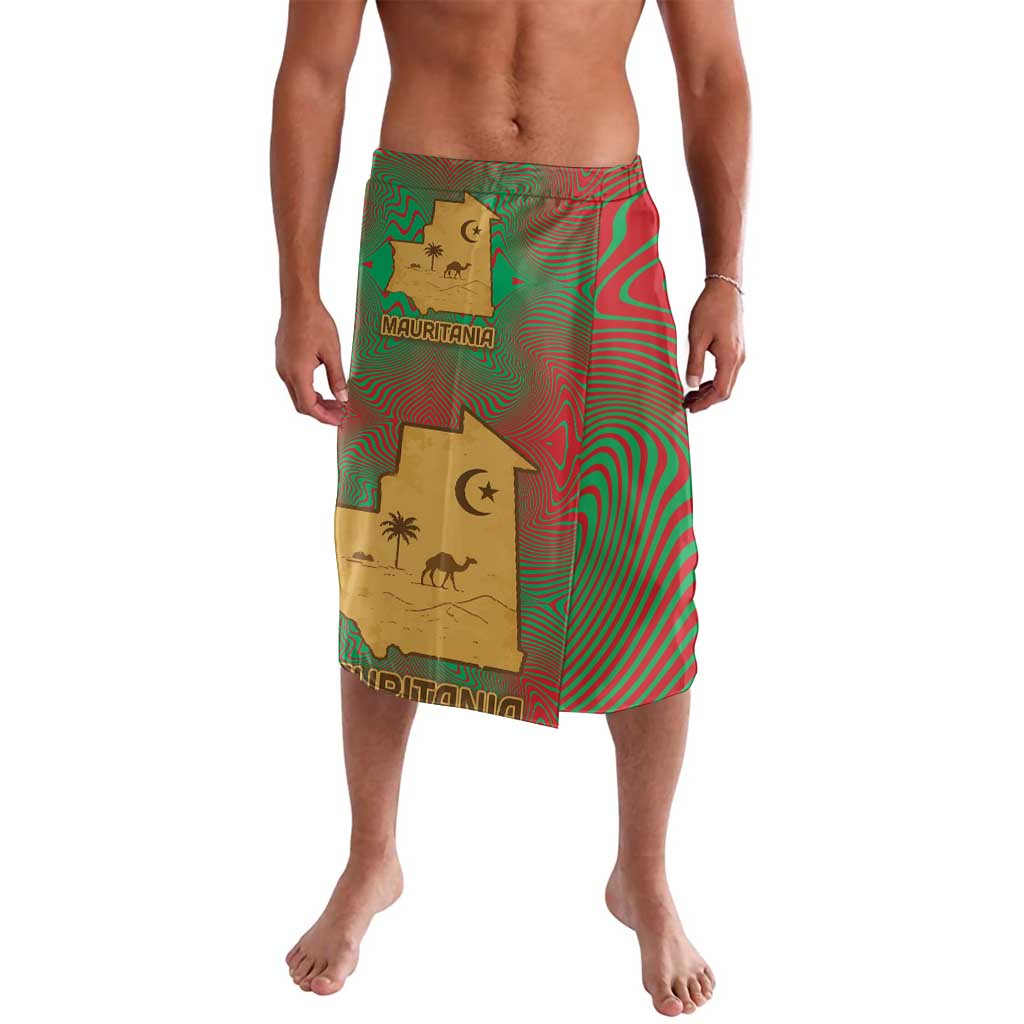 Mauritania Lavalava with Desert Camel Crescent Moon and Palm Tree Graphic in Red Green Gold Pattern