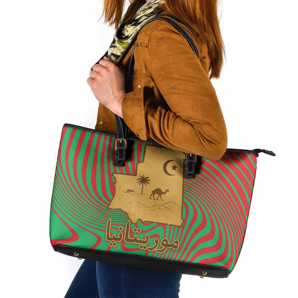 Mauritania Leather Tote Bag with Desert Camel Crescent Moon and Palm Tree Graphic in Red Green Gold Pattern