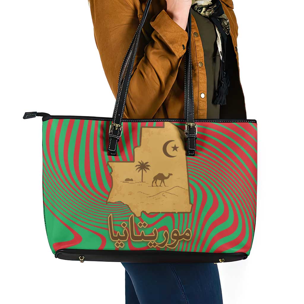 Mauritania Leather Tote Bag with Desert Camel Crescent Moon and Palm Tree Graphic in Red Green Gold Pattern