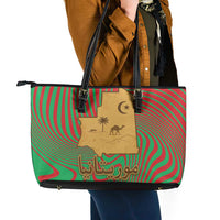 Mauritania Leather Tote Bag with Desert Camel Crescent Moon and Palm Tree Graphic in Red Green Gold Pattern