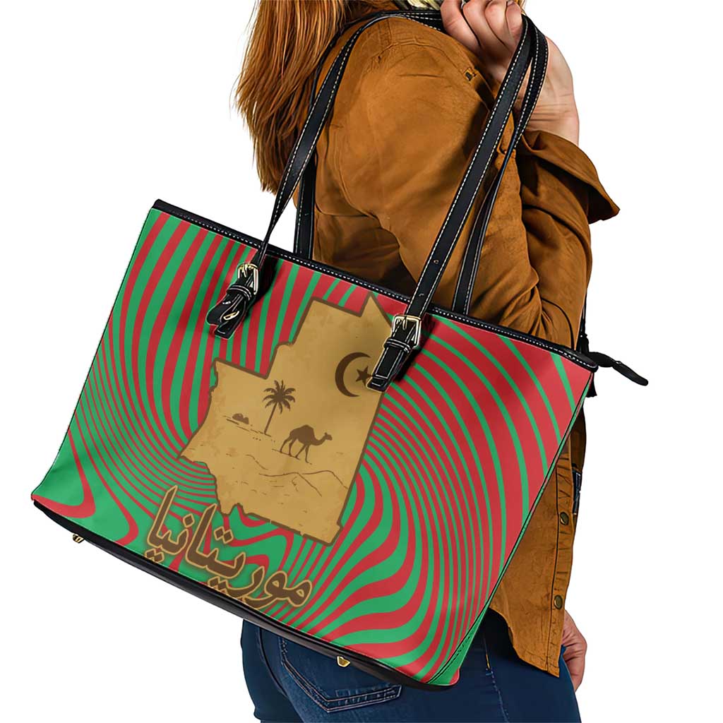 Mauritania Leather Tote Bag with Desert Camel Crescent Moon and Palm Tree Graphic in Red Green Gold Pattern