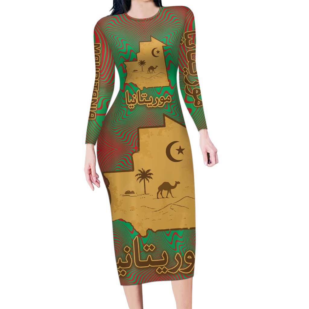 Mauritania Long Sleeve Bodycon Dress with Desert Camel Crescent Moon and Palm Tree Graphic in Red Green Gold Pattern