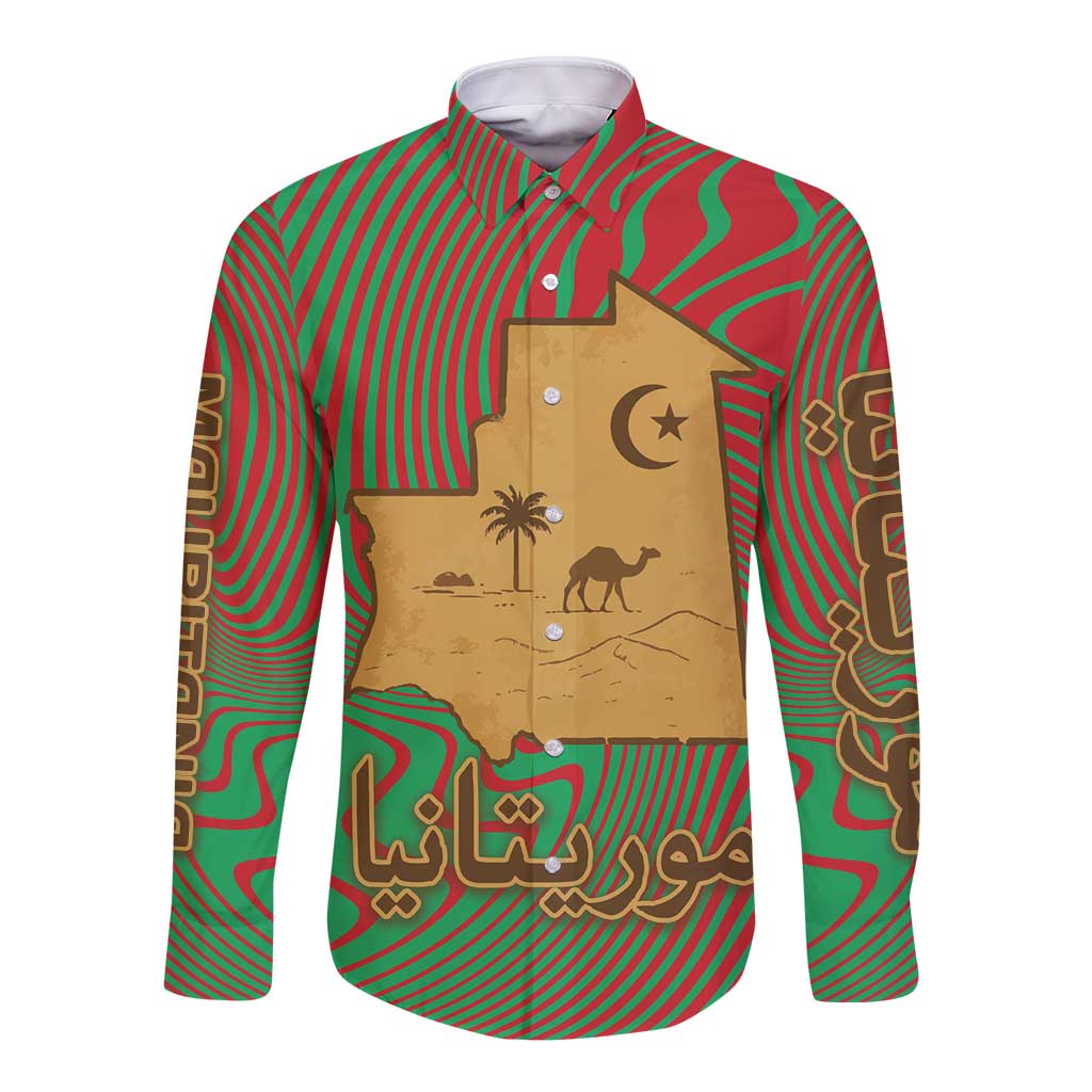 Mauritania Long Sleeve Button Shirt with Desert Camel Crescent Moon and Palm Tree Graphic in Red Green Gold Pattern