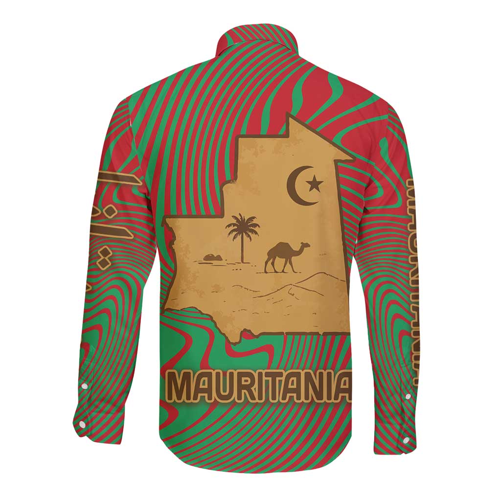 Mauritania Long Sleeve Button Shirt with Desert Camel Crescent Moon and Palm Tree Graphic in Red Green Gold Pattern