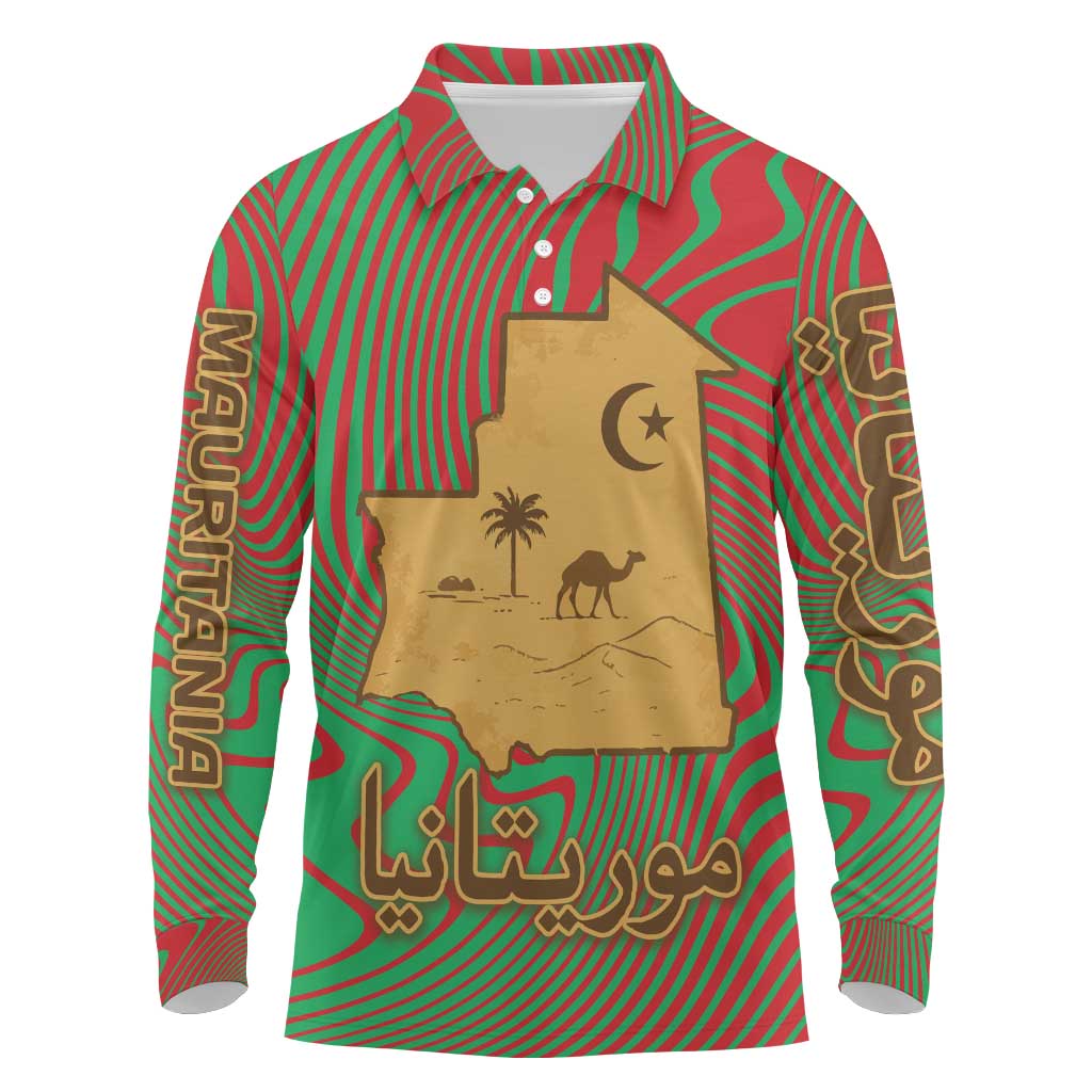 Mauritania Long Sleeve Polo Shirt with Desert Camel Crescent Moon and Palm Tree Graphic in Red Green Gold Pattern