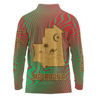 Mauritania Long Sleeve Polo Shirt with Desert Camel Crescent Moon and Palm Tree Graphic in Red Green Gold Pattern